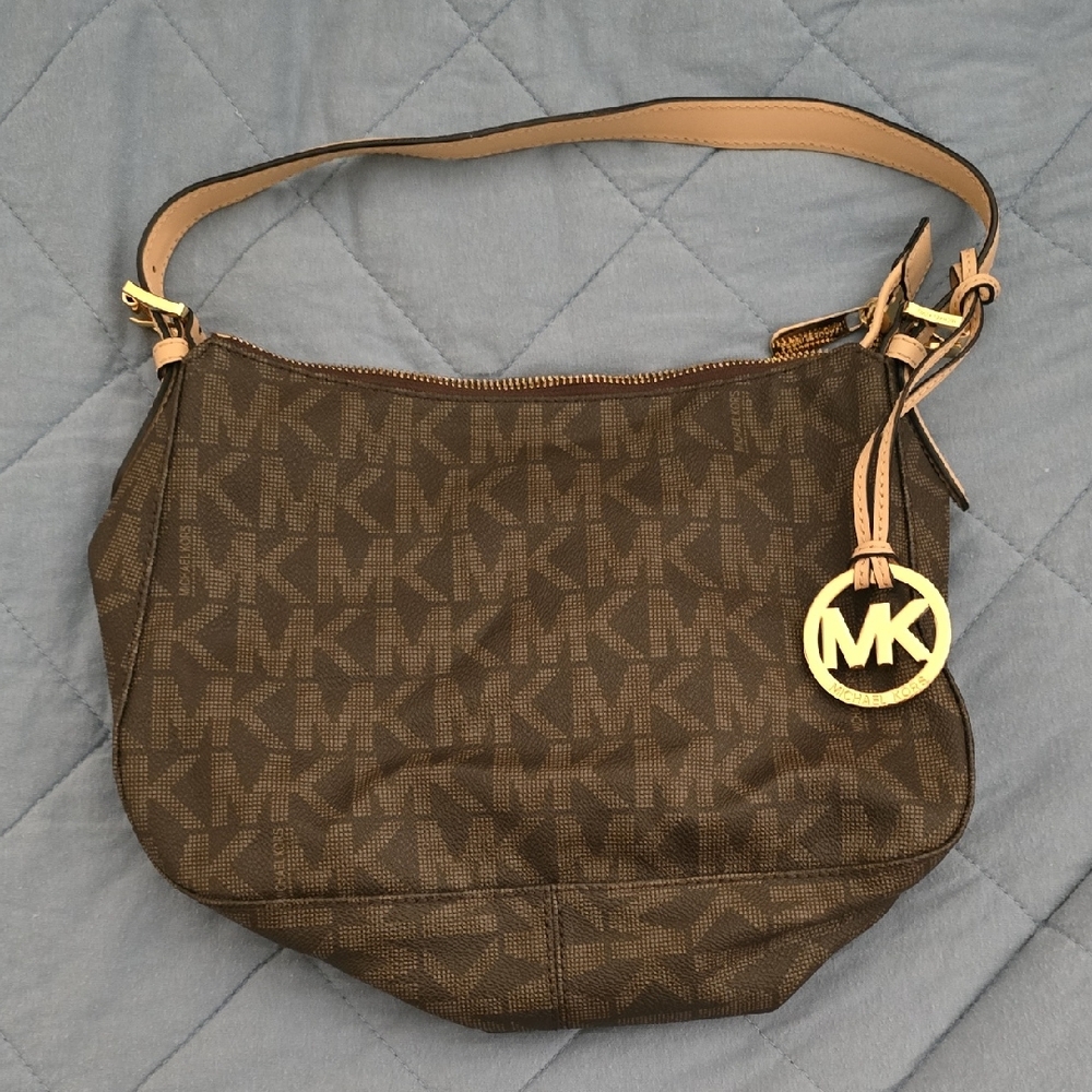 Michael Kors Brown Monogram Shoulder Bag with Gold Hardware